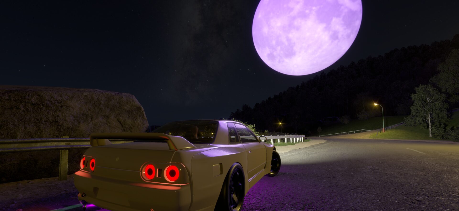 A custom vehicle under the island moon
